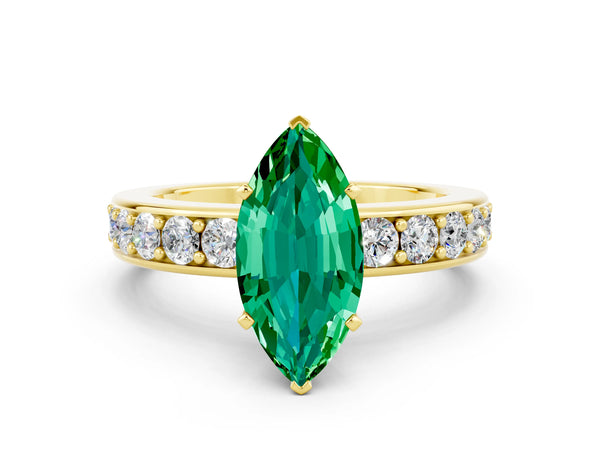 Yellow gold Marquise Cut Emerald Engagement Ring with Channel Set Round  Band and Prong Setting
