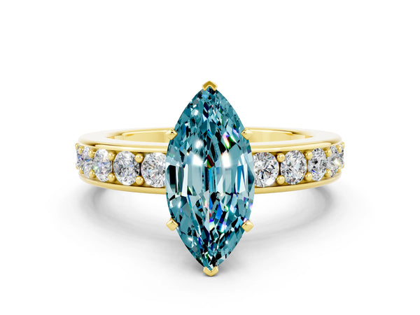 Yellow gold Marquise Cut Blue Topaz Engagement Ring with Channel Set Round  Band and Prong Setting