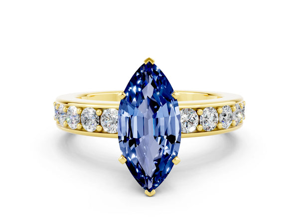 Yellow gold Marquise Cut Blue Sapphire Engagement Ring with Channel Set Round  Band and Prong Setting