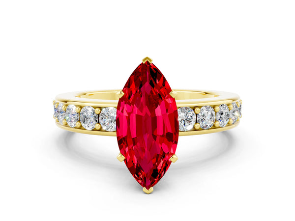 Yellow gold Marquise Cut Ruby Engagement Ring with Channel Set Round  Band and Prong Setting