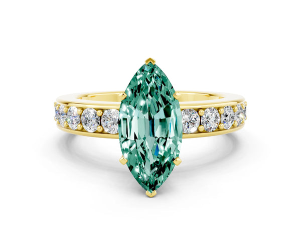 Yellow gold Marquise Cut Green Sapphire Engagement Ring with Channel Set Round  Band and Prong Setting