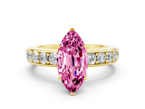 Yellow gold Marquise Cut Pink Sapphire Engagement Ring with Channel Set Round  Band and Prong Setting