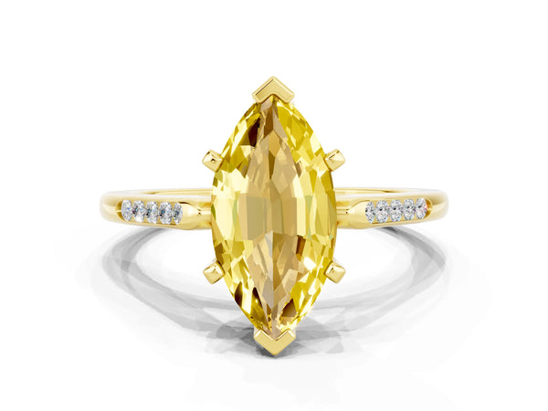 Yellow gold Marquise Cut Yellow Sapphire Solitaire Ring with Channel Set Round Band and Prong Setting