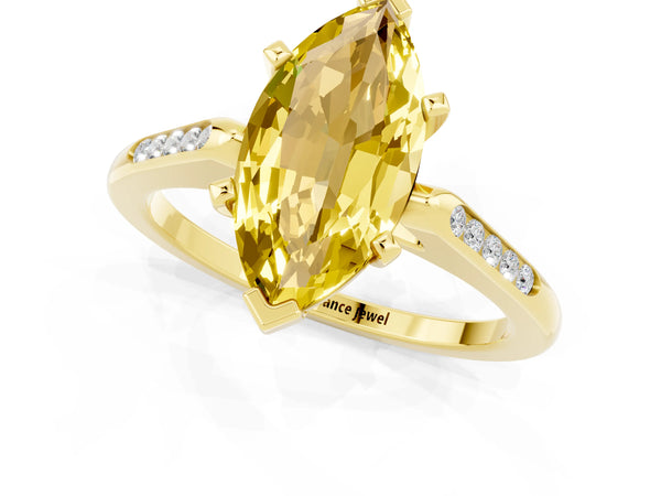Yellow gold Marquise Cut Yellow Sapphire Solitaire Ring with Channel Set Round Band and Prong Setting