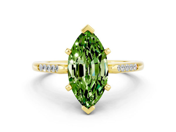 Yellow gold Marquise Cut Peridot Solitaire Ring with Channel Set Round Band and Prong Setting