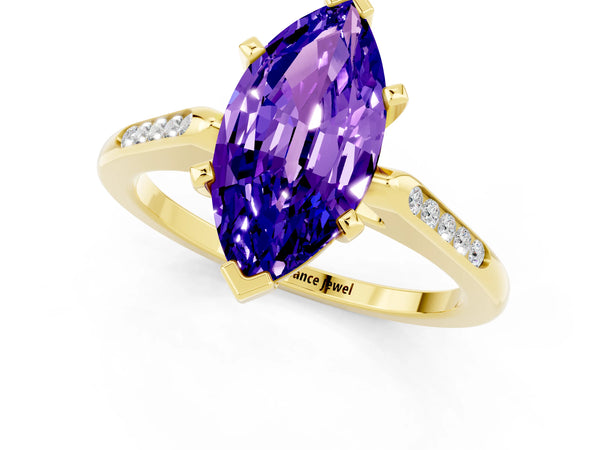 Yellow gold Marquise Cut Tanzanite Solitaire Ring with Channel Set Round Band and Prong Setting