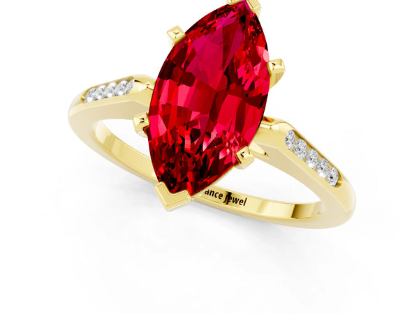 Yellow gold Marquise Cut Ruby Solitaire Ring with Channel Set Round Band and Prong Setting