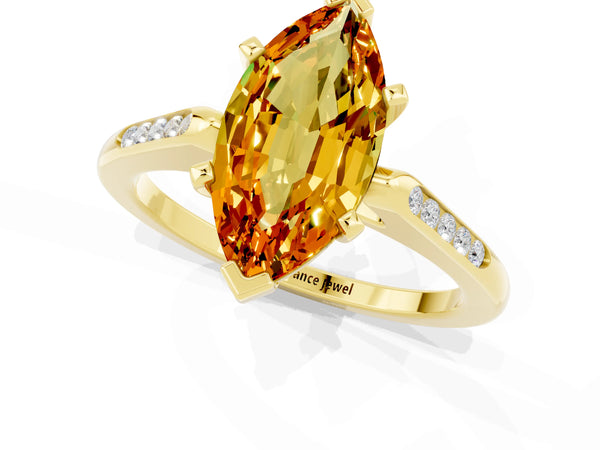 Yellow gold Marquise Cut Citrine Solitaire Ring with Channel Set Round Band and Prong Setting
