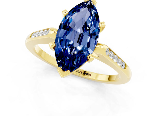 Yellow gold Marquise Cut Blue Sapphire Solitaire Ring with Channel Set Round Band and Prong Setting