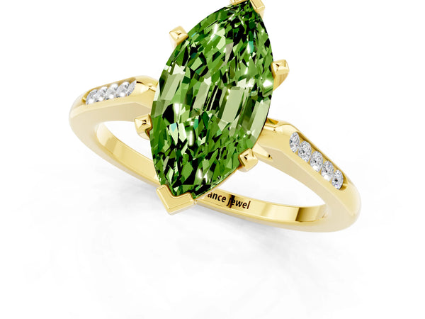 Yellow gold Marquise Cut Peridot Solitaire Ring with Channel Set Round Band and Prong Setting