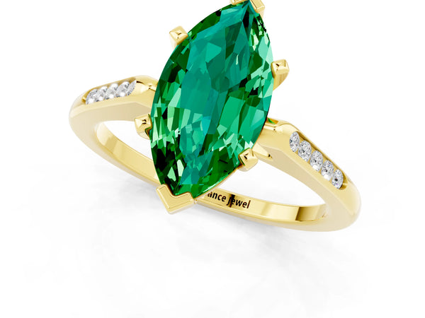 Yellow gold Marquise Cut Emerald Solitaire Ring with Channel Set Round Band and Prong Setting