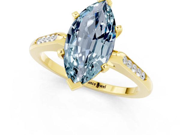Yellow gold Marquise Cut Aquamarine Solitaire Ring with Channel Set Round Band and Prong Setting
