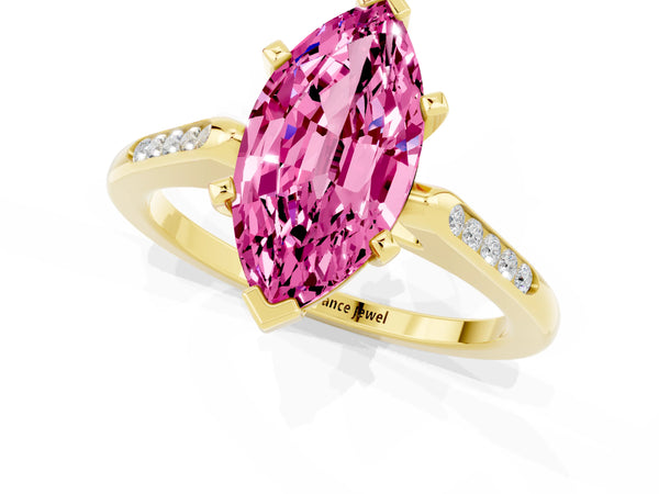 Yellow gold Marquise Cut Pink Sapphire Solitaire Ring with Channel Set Round Band and Prong Setting