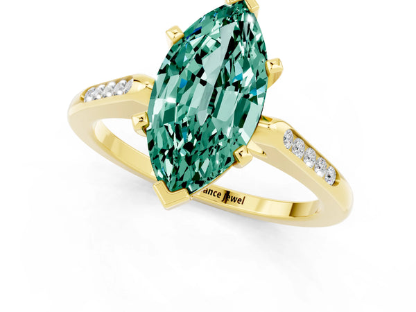 Yellow gold Marquise Cut Green Sapphire Solitaire Ring with Channel Set Round Band and Prong Setting