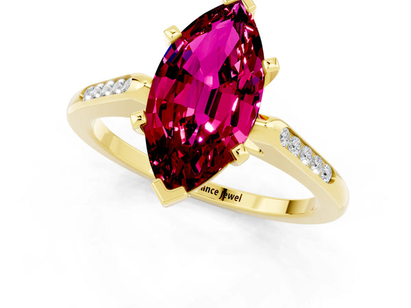 Yellow gold Marquise Cut Garnet Solitaire Ring with Channel Set Round Band and Prong Setting