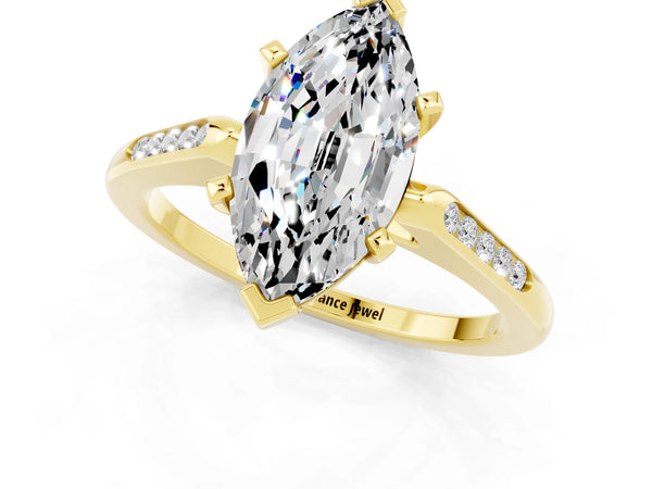 Yellow gold Marquise Cut Moissanite Solitaire Ring with Channel Set Round Band and Prong Setting
