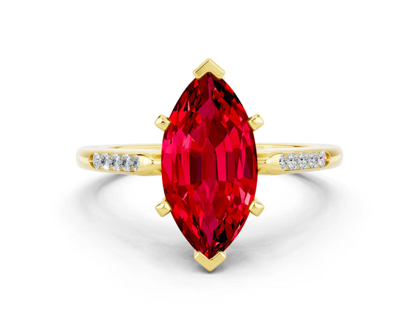 Yellow gold Marquise Cut Ruby Solitaire Ring with Channel Set Round Band and Prong Setting