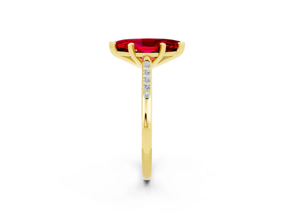 Yellow gold Marquise Cut Ruby Solitaire Ring with Channel Set Round Band and Prong Setting