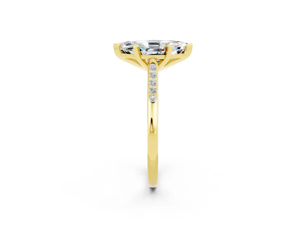 Yellow gold Marquise Cut Moissanite Solitaire Ring with Channel Set Round Band and Prong Setting