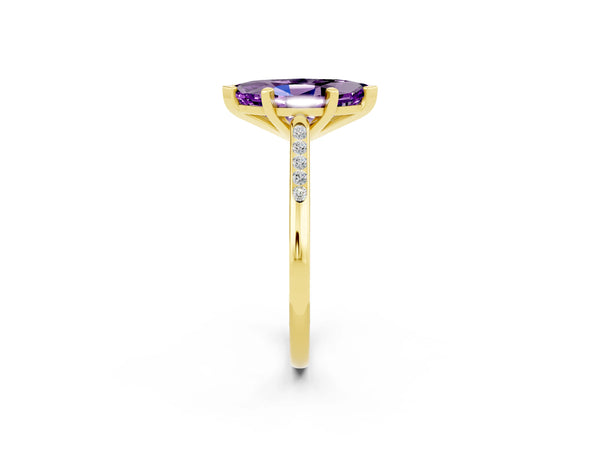 Yellow gold Marquise Cut Amethyst Solitaire Ring with Channel Set Round Band and Prong Setting