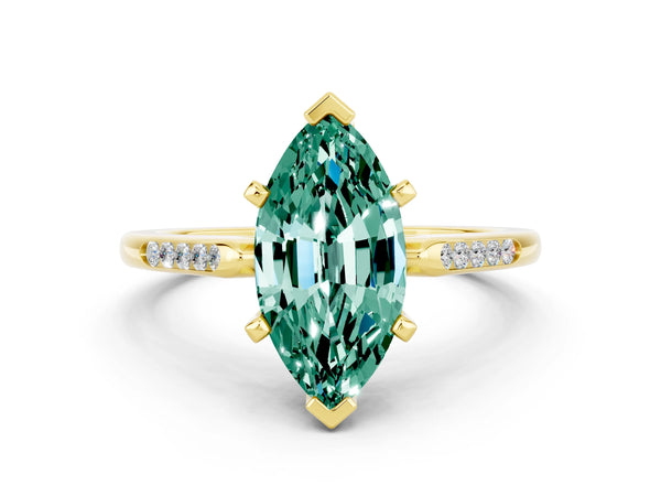 Yellow gold Marquise Cut Green Sapphire Solitaire Ring with Channel Set Round Band and Prong Setting