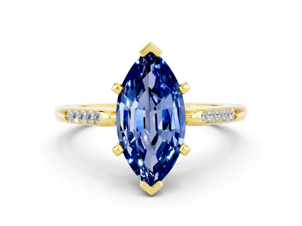 Yellow gold Marquise Cut Blue Sapphire Solitaire Ring with Channel Set Round Band and Prong Setting