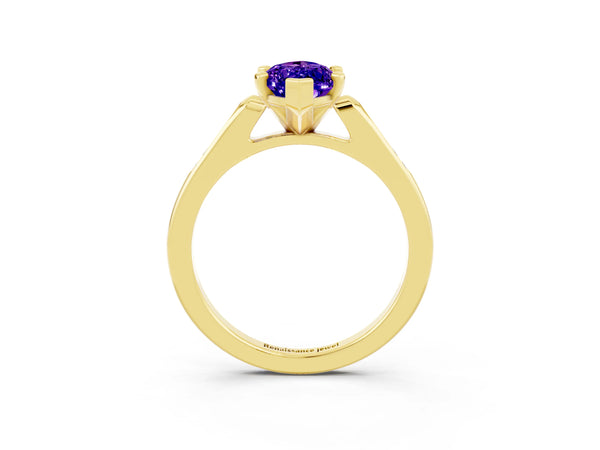 Yellow gold Marquise Cut Tanzanite Solitaire Ring with Channel Set Round Band and Prong Setting