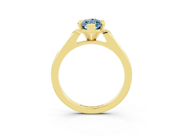 Yellow gold Marquise Cut Aquamarine Solitaire Ring with Channel Set Round Band and Prong Setting