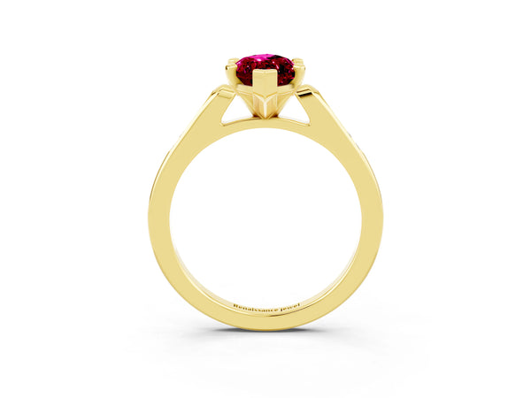 Yellow gold Marquise Cut Garnet Solitaire Ring with Channel Set Round Band and Prong Setting