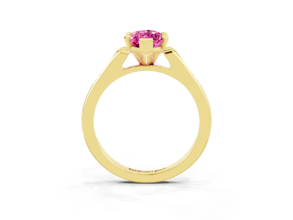 Yellow gold Marquise Cut Pink Sapphire Solitaire Ring with Channel Set Round Band and Prong Setting
