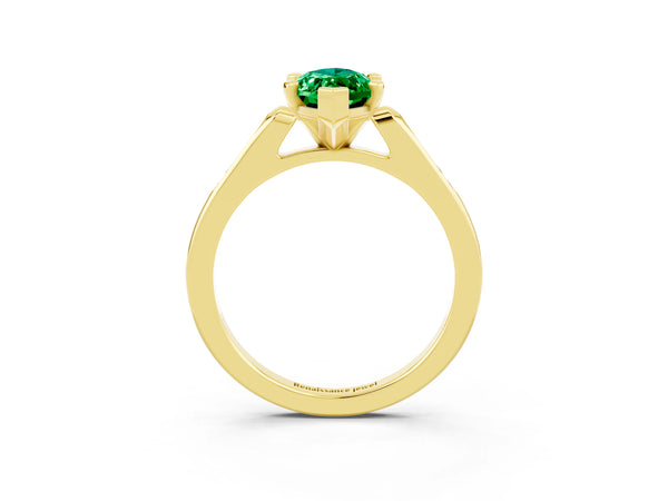 Yellow gold Marquise Cut Emerald Solitaire Ring with Channel Set Round Band and Prong Setting