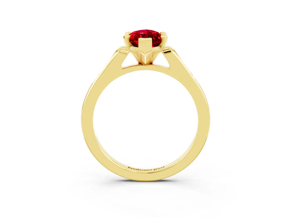 Yellow gold Marquise Cut Ruby Solitaire Ring with Channel Set Round Band and Prong Setting
