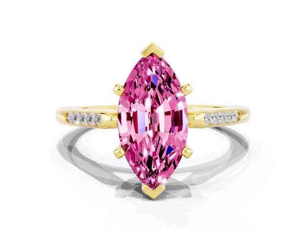 Yellow gold Marquise Cut Pink Sapphire Solitaire Ring with Channel Set Round Band and Prong Setting