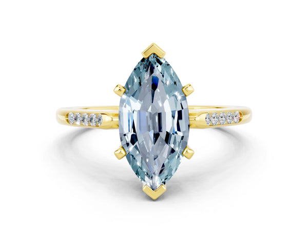 Yellow gold Marquise Cut Aquamarine Solitaire Ring with Channel Set Round Band and Prong Setting