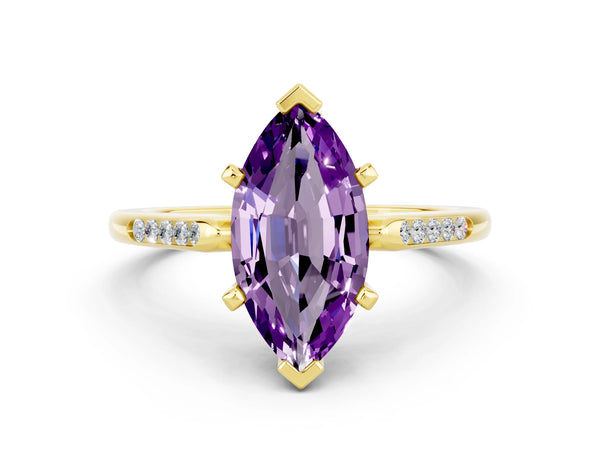Yellow gold Marquise Cut Amethyst Solitaire Ring with Channel Set Round Band and Prong Setting