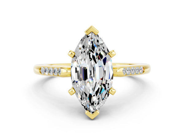 Yellow gold Marquise Cut Moissanite Solitaire Ring with Channel Set Round Band and Prong Setting