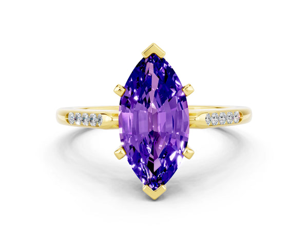 Yellow gold Marquise Cut Tanzanite Solitaire Ring with Channel Set Round Band and Prong Setting