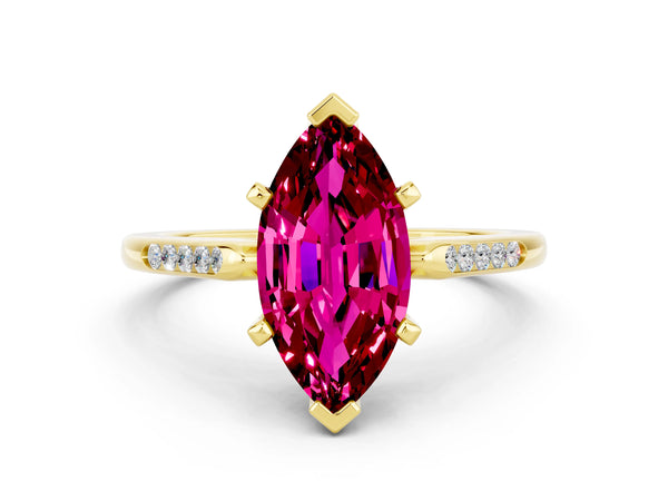 Yellow gold Marquise Cut Garnet Solitaire Ring with Channel Set Round Band and Prong Setting