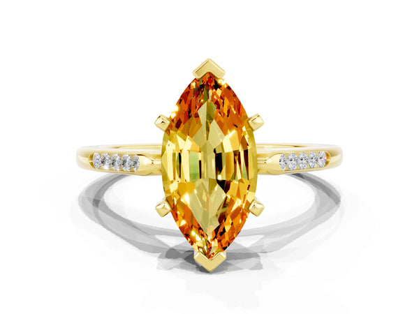 Yellow gold Marquise Cut Citrine Solitaire Ring with Channel Set Round Band and Prong Setting