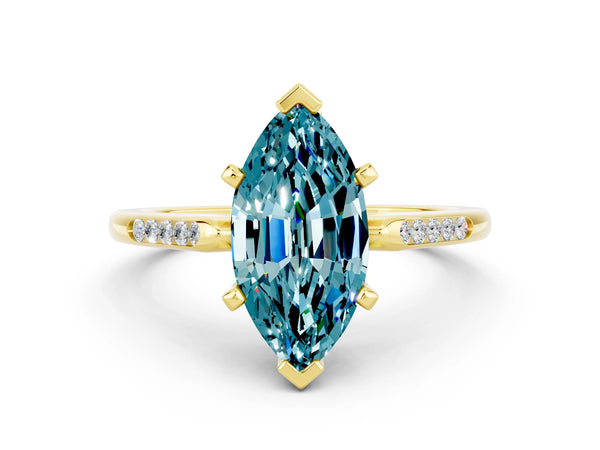 Yellow gold Marquise Cut Blue Topaz Solitaire Ring with Channel Set Round Band and Prong Setting