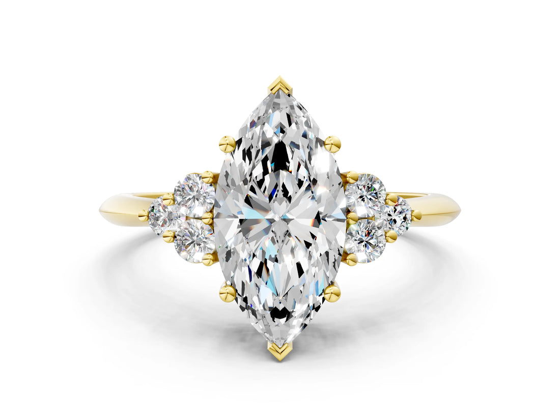 14K Yellow Gold 1.09 Carat F VS1 Marquise Cut Diamond Cluster Ring with Solitaire Band and Four-Prong Setting