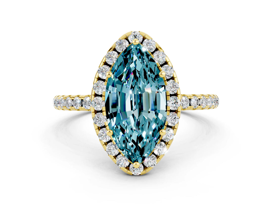 Yellow gold Marquise Cut Cut Diamond Floral Halo Engagement Ring with Pavé Band and Prong Setting