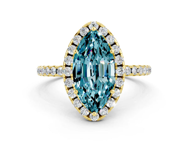 Yellow gold Marquise Cut Cut Diamond Floral Halo Engagement Ring with Pavé Band and Prong Setting