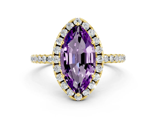 Yellow gold Marquise Cut Amethyst Halo Engagement Ring with Round Pavé Band and Prong Setting