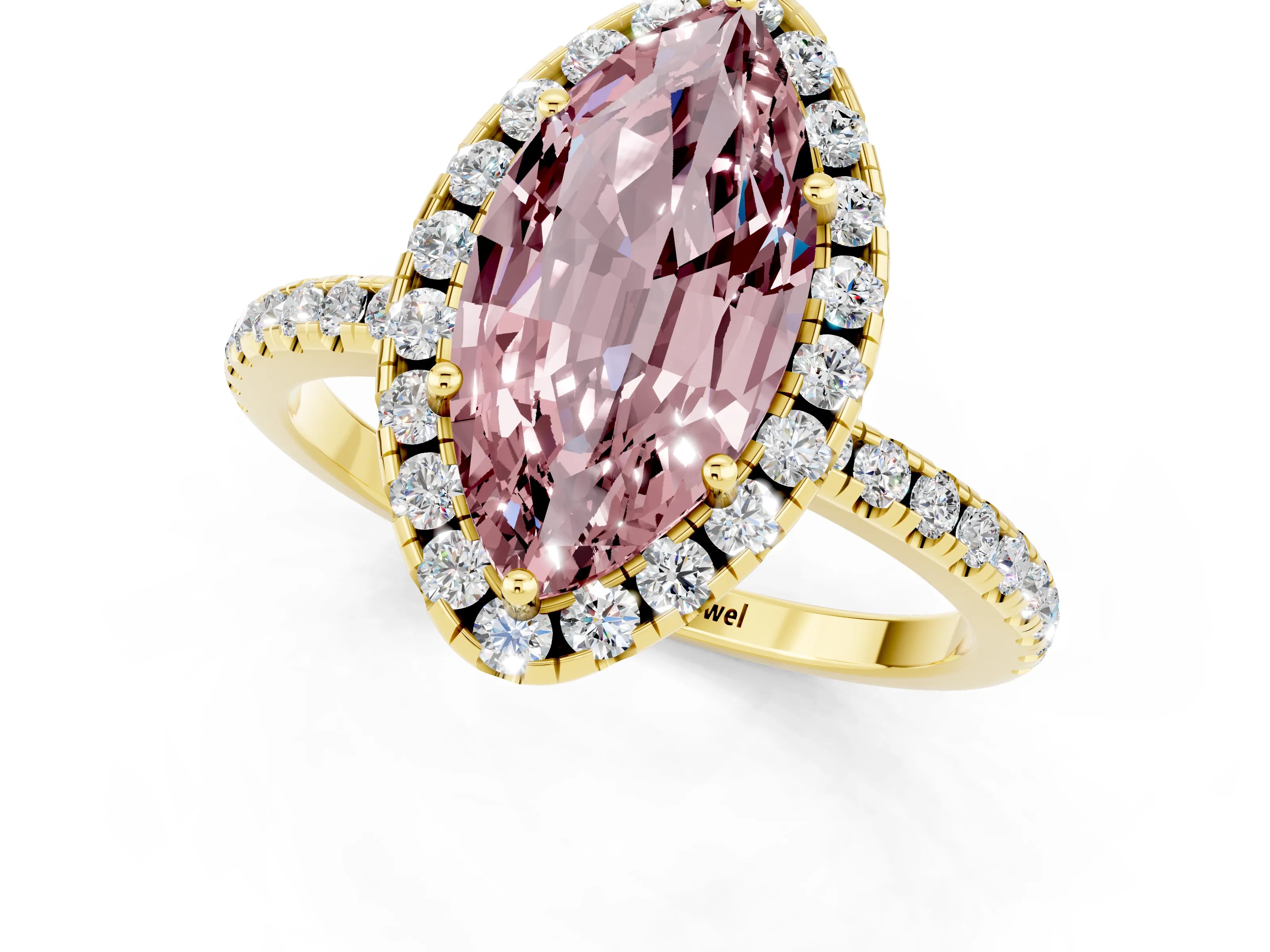 Yellow gold Marquise Cut Cut Diamond Floral Halo Engagement Ring with Pavé Band and Prong Setting_1