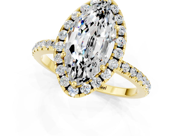Yellow gold Marquise Cut Moissanite Halo Engagement Ring with Round Pavé Band and Prong Setting