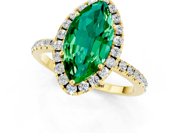 Yellow gold Marquise Cut Emerald Halo Engagement Ring with Round Pavé Band and Prong Setting