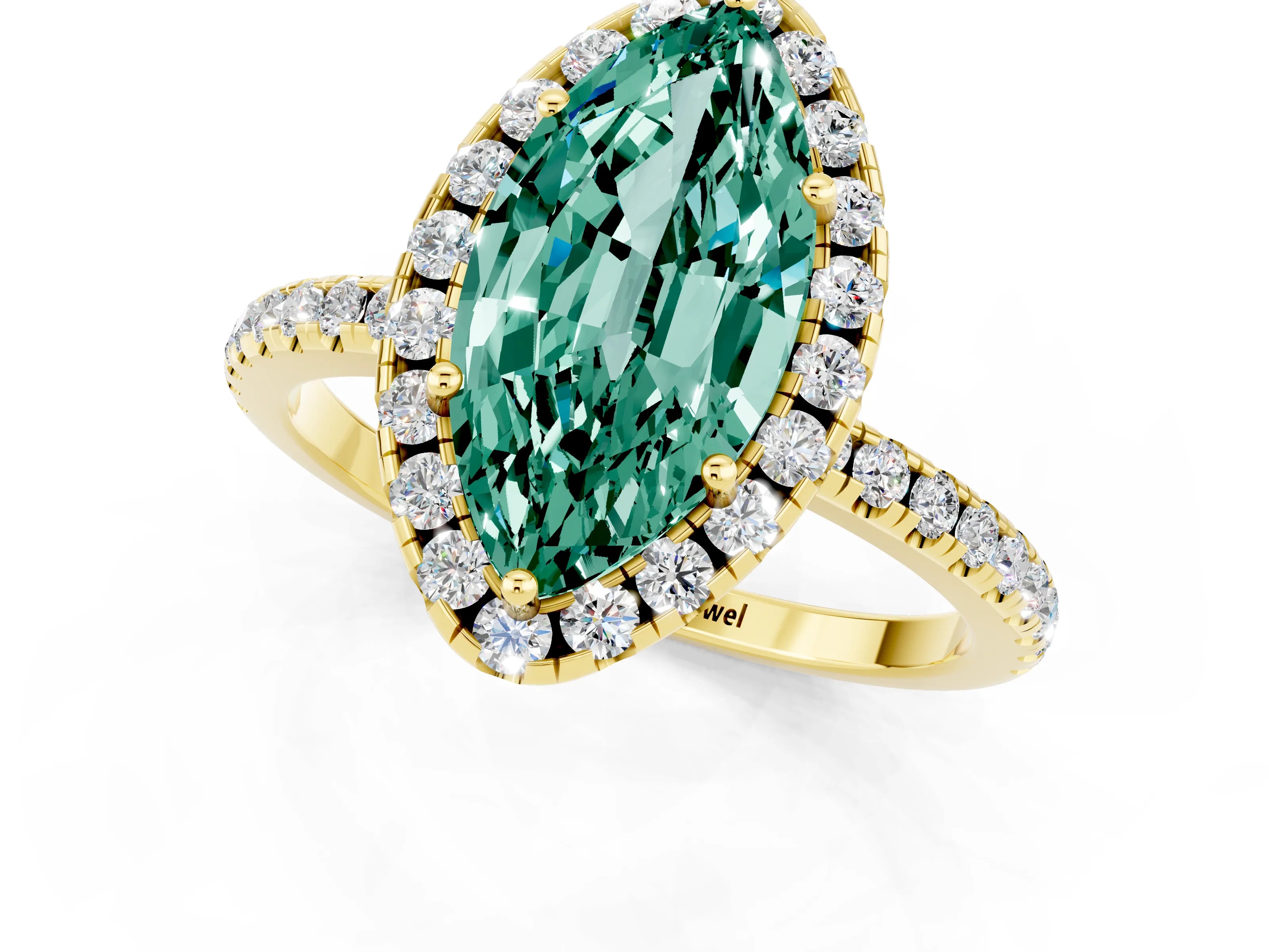 Yellow gold Marquise Cut Cut Diamond Floral Halo Engagement Ring with Pavé Band and Prong Setting_1