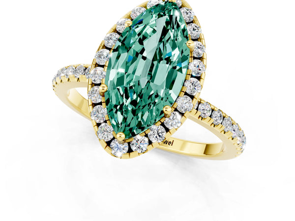 Yellow gold Marquise Cut Green Sapphire Halo Engagement Ring with Round Pavé Band and Prong Setting