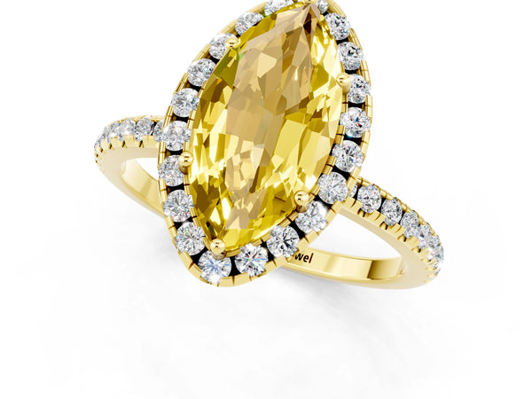 Yellow gold Marquise Cut Yellow Sapphire Halo Engagement Ring with Round Pavé Band and Prong Setting